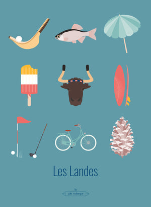 Affiche déco Les Landes – Les Iconiques en turquoise, illustration graphique de 9 symboles landais sur fond vert d’eau