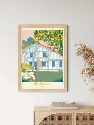  Affiche décorative d’une maison landaise et de mimosas en intérieur, idéale pour une déco campagne chic et bohème.