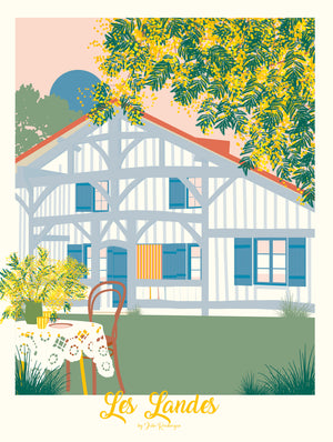Illustration de maison landaise entourée de mimosas, affiche décorative lumineuse et poétique inspirée des Landes.