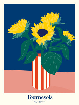Illustration contemporaine d’un bouquet de tournesols dans un vase rayé rouge et blanc, style pop et solaire.