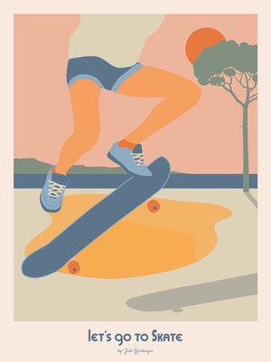  Illustration vintage Let's Go to Skate, affiche décorative avec une skatrice réalisant un trick, ambiance rétro bord de mer.