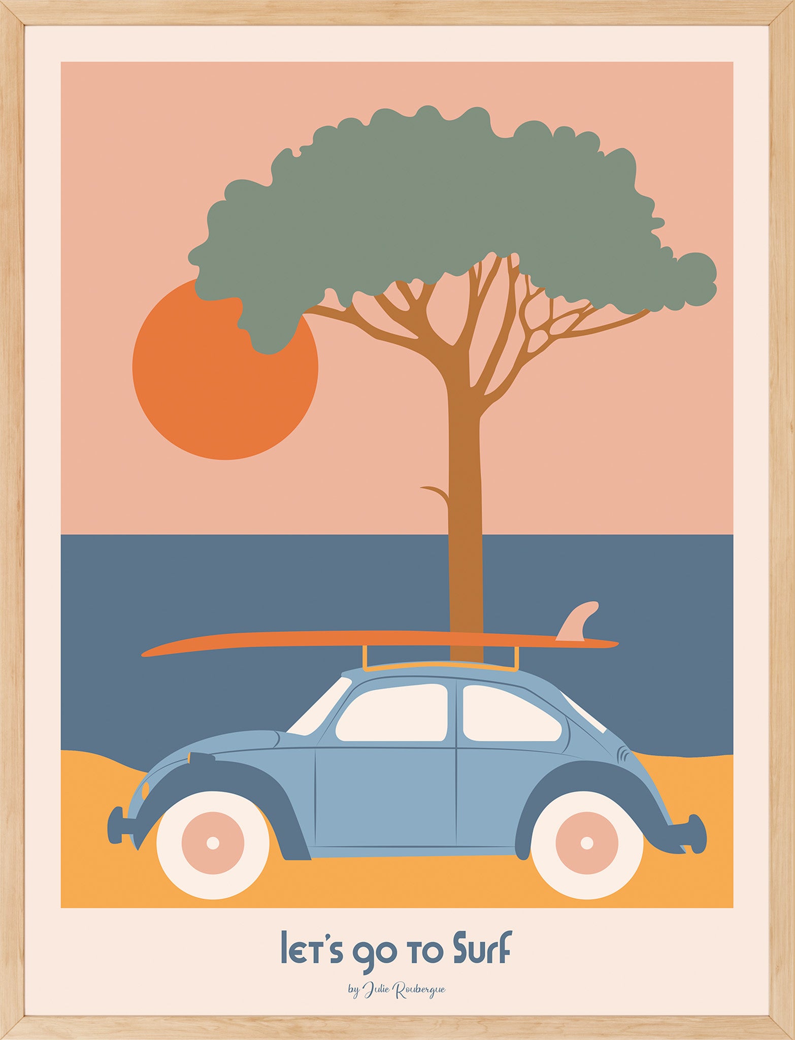 Affiche encadrée Let's Go to Surf, impression premium 30x40 cm, idéale pour une décoration murale surf et vintage.