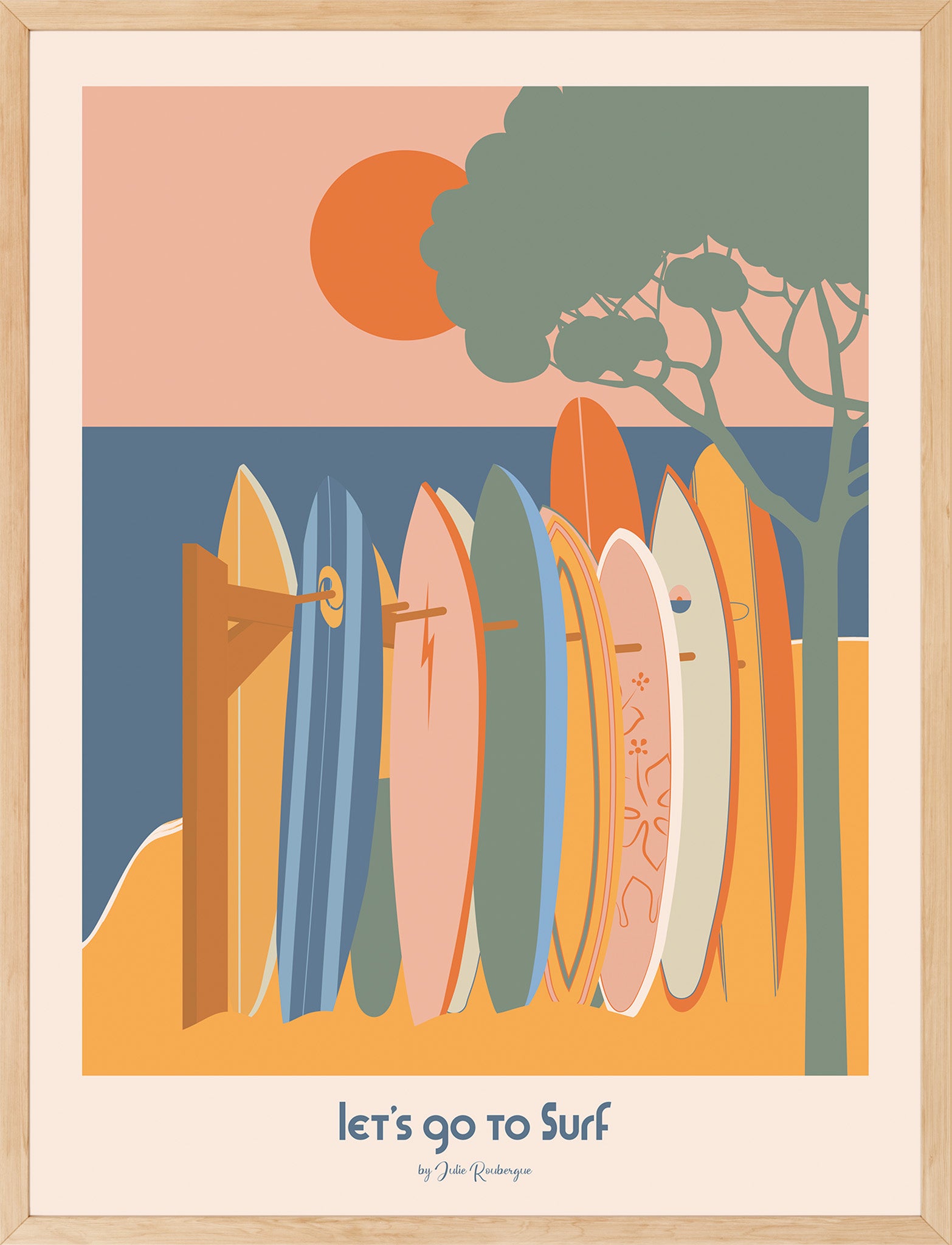 Affiche encadrée Let's Go to Surf, impression premium 30x40 cm, parfaite pour une décoration murale surf et vintage.