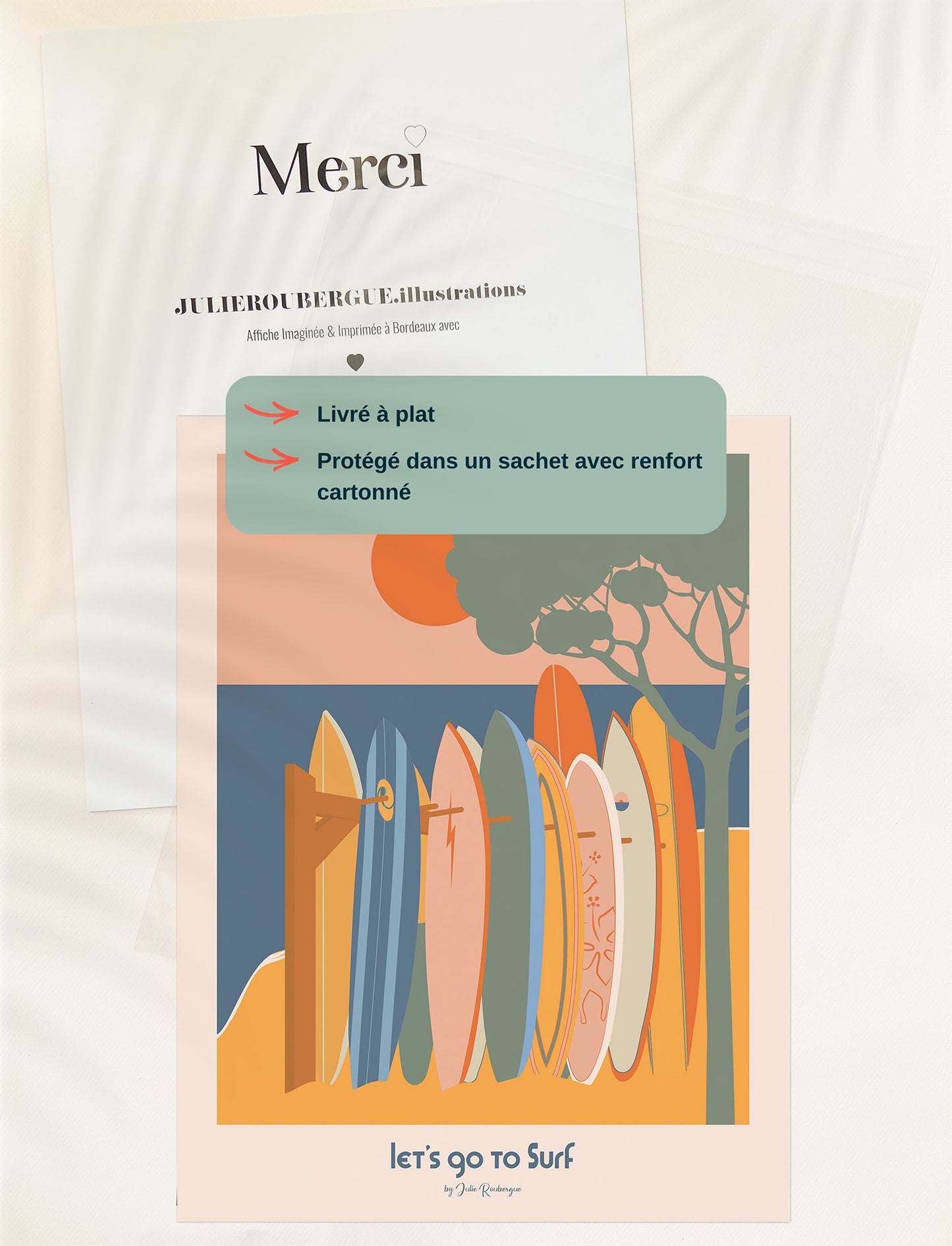 Affiche Let's Go to Surf livrée à plat dans pochette de protection avec support cartonné
