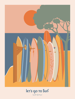 Illustration vintage Let's Go to Surf, affiche décorative avec des planches de surf alignées face à l’océan, ambiance rétro et estivale.