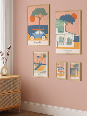 Affiches décoratives sur le Sud Ouest avec une ambiance surf et bord de mer et vintage avec des tons ocres et bleus profonds.