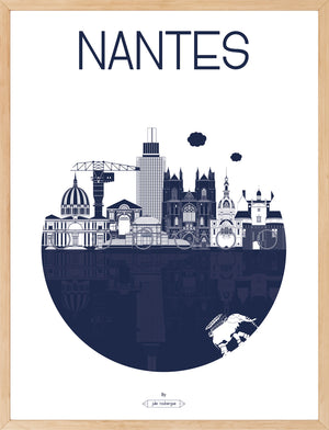 Affiche encadrée Nantes – La Ville, format 50x70 cm, style graphique épuré en bleu marine pour une décoration murale contemporaine.