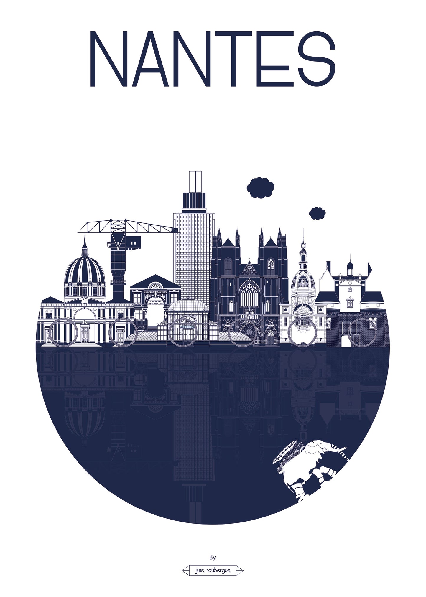 Affiche Nantes – La Ville, illustration graphique en bleu marine des monuments emblématiques et de l’éléphant des Machines.
