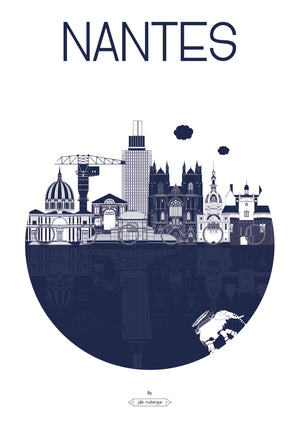 Affiche Nantes – La Ville, illustration graphique en bleu marine des monuments emblématiques et de l’éléphant des Machines.