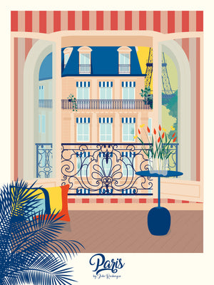 Illustration Paris, La Fenêtre - version colorée et lumineuse, vue sur un balcon haussmannien et la Tour Eiffel.