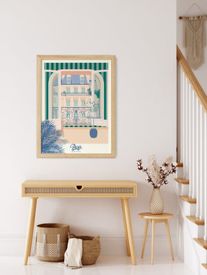  Affiche décorative Paris, La Fenêtre mise en scène dans un intérieur élégant, idéale pour une ambiance chic et romantique.
