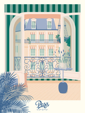 Illustration Paris, La Fenêtre - version pastel et douce, ambiance romantique avec balcon parisien et Tour Eiffel en arrière-plan.