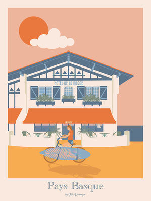 Illustration vintage du Pays Basque, affiche décorative bord de mer aux couleurs rétro inspirée de l’architecture basque.