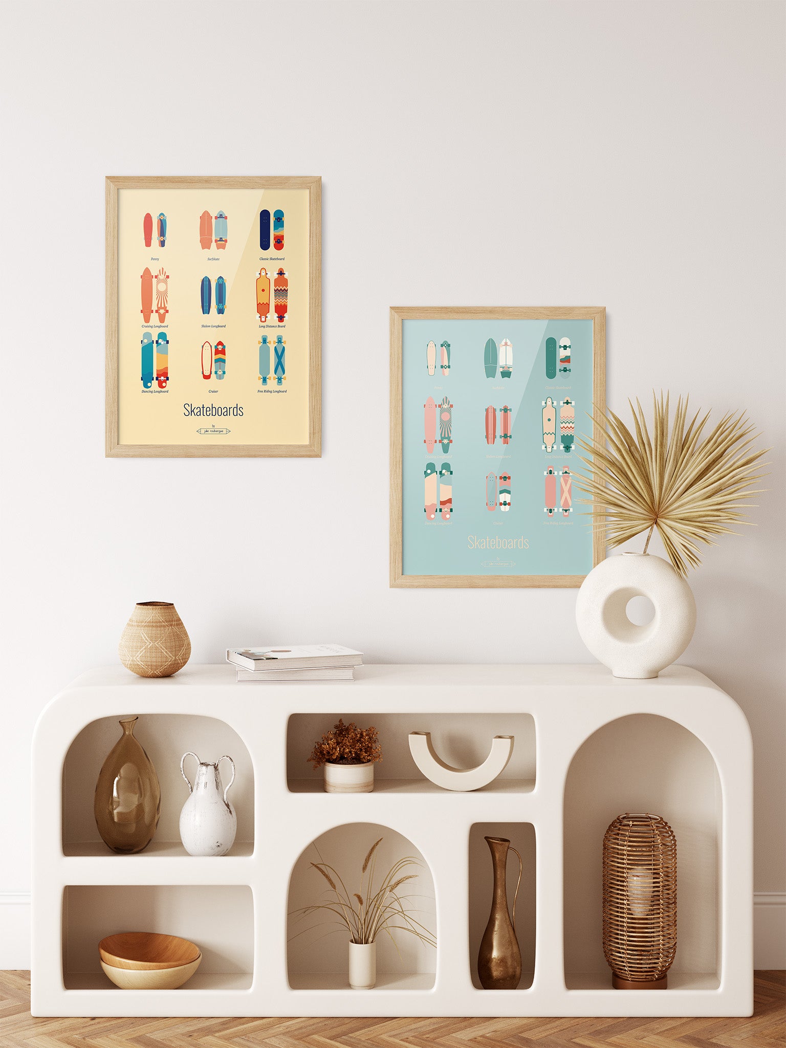 Duo d'affiches Skateboards – Les Iconiques en palettes vive et pastel côte à côte, pour une décoration graphique et colorée