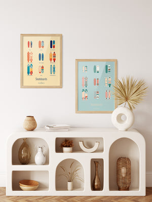 Duo d'affiches Skateboards – Les Iconiques en palettes vive et pastel côte à côte, pour une décoration graphique et colorée