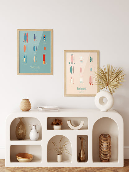 * Affiches Surfboards – Les Iconiques en couleurs vives et pastel, formats 30x40 cm, présentées côte à côte dans un intérieur moderne.