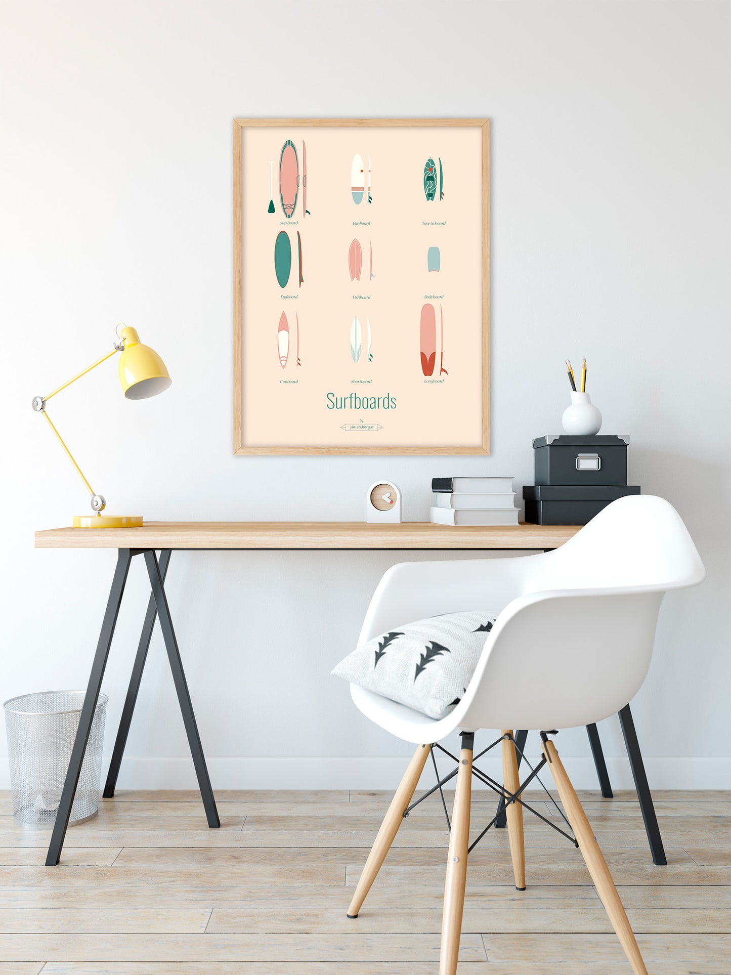 Affiche Surfboards – Les Iconiques (pastel), encadrée, intégrée dans une ambiance déco douce et apaisante.