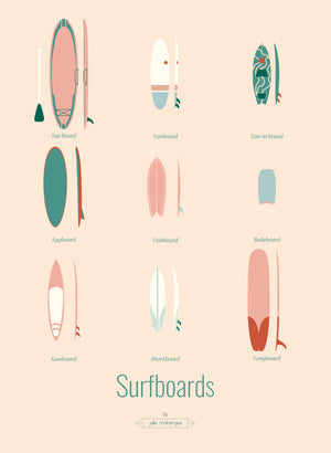 Affiche illustrée Surfboards – Les Iconiques (couleurs pastel), format 30x40 cm, sans cadre.