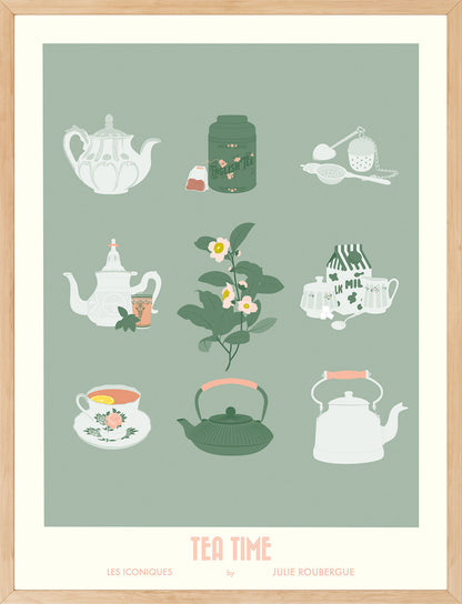 Affiche "Tea Time – Les Iconiques" encadrée dans un cadre bois clair, ambiance déco vintage et chaleureuse