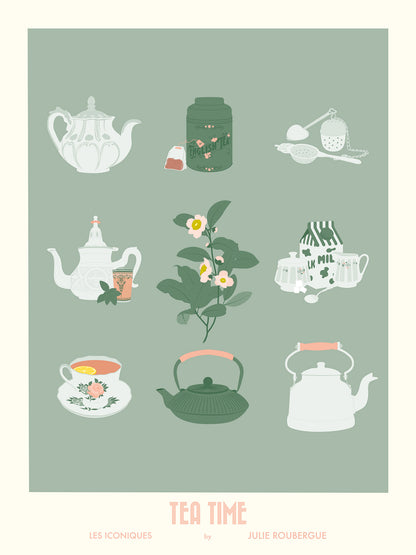 Illustration seule de l'affiche "Tea Time – Les Iconiques" avec objets du rituel du thé sur fond vert sauge
