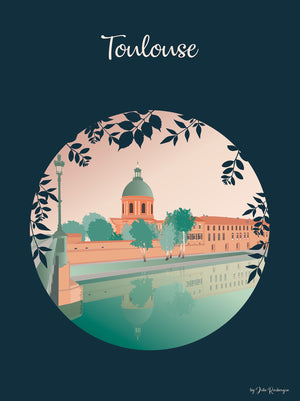 Illustration de la Chapelle de La Grave à Toulouse, reflet sur la Garonne, affiche poétique et décorative.