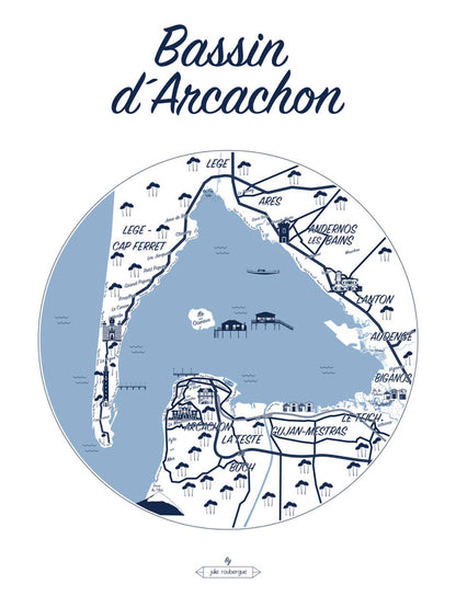 Carte postale illustrée intitulée “Bassin d'Arcachon, Le Plan” par Julie Roubergue, représentant de sous forme de plan les lieux emblématiques du Bassin d'Arcachon en marine sur fond blanc.
