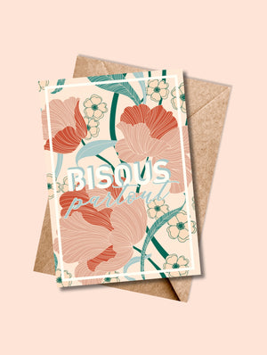 Carte postale BISOUS PARTOUT pastel avec enveloppe kraft assortie