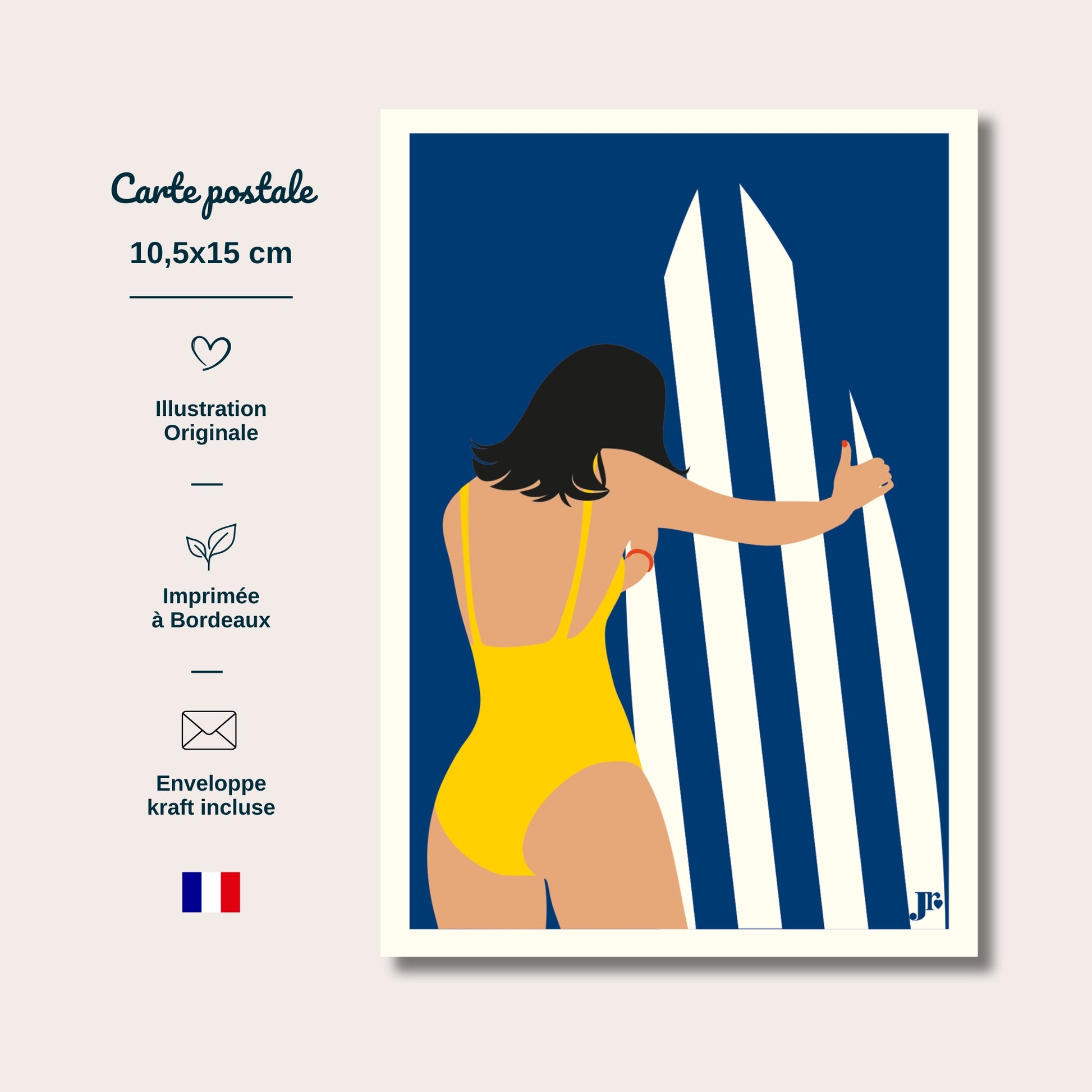 Carte postale Bord de Mer, Retour du Surf avec informations format 10,5x15 cm papier épais impression de qualité