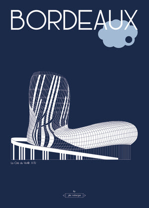 Carte postale Bordeaux – La Cité du Vin (fond marine), bâtiment contemporain dessiné en blanc, hommage graphique à l’architecture X-TU.