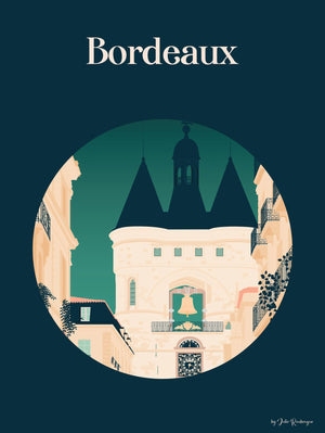 Carte postale illustrée intitulée “Bordeaux, La Grosse Cloche” par Julie Roubergue, représentant ce fameux monument avec un fond bleu profond.