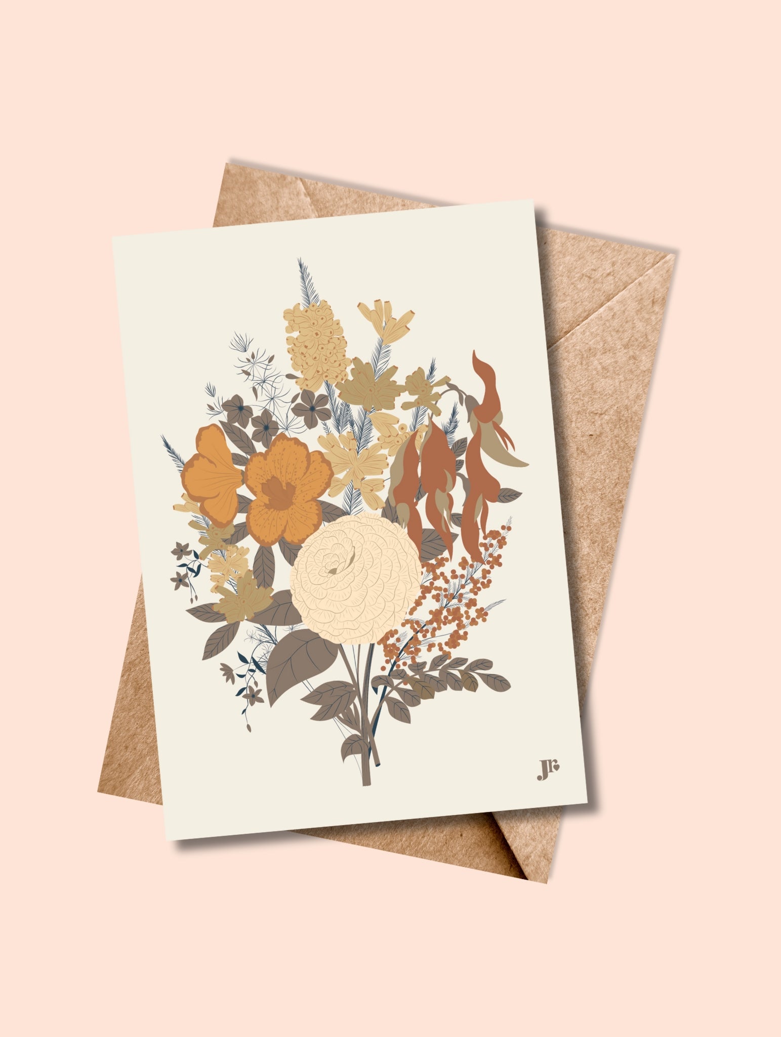 Carte postale Bouquet d’Automne – Floraison Tardive avec enveloppe kraft, illustration florale dans les tons ocre et beige.