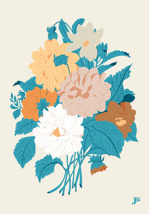 Illustration seule de la carte postale Bouquet d’Hiver – Éclats Silencieux, composition florale stylisée dans des tons bleu glacier, crème et brun.