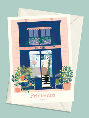 Carte postale Boutique Fleurie avec enveloppe kraft – illustration Printemps en Ville par Julie Roubergue.