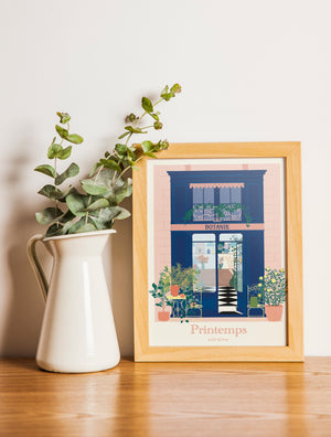 Carte postale encadrée Boutique Fleurie – illustration décorative pour une touche végétale et colorée.