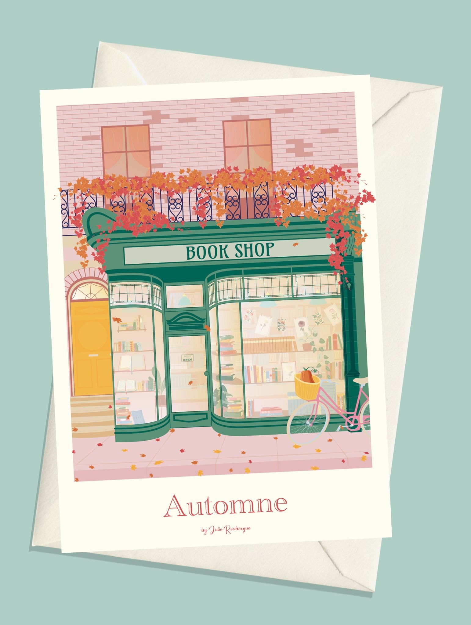 Carte postale Boutique Littéraire – Automne en Ville avec enveloppe blanche assortie, ambiance chaleureuse et urbaine.
