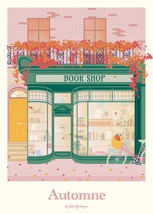 Carte postale Boutique Littéraire – Automne en Ville, illustration graphique aux teintes chaudes représentant une rue et une librairie en automne.
