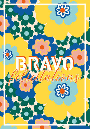 Carte postale BRAVO FÉLICITATIONS en version vive et colorée avec fleurs style vintage et message manuscrit.