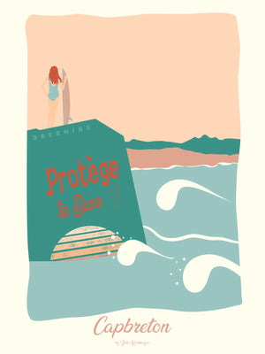 Carte postale illustrée intitulée “Capbreton, Le Spot” par Julie Roubergue, représentant un des fameux spot de surf de Capbreton , la plage de Santocha dans des tons pastel.