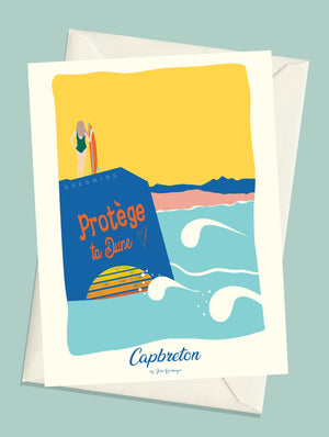 Carte postale illustrée intitulée “Capbreton, Le Spot” par Julie Roubergue, représentant un des fameux spot de surf de Capbreton , la plage de Santocha dans des tons vifs.