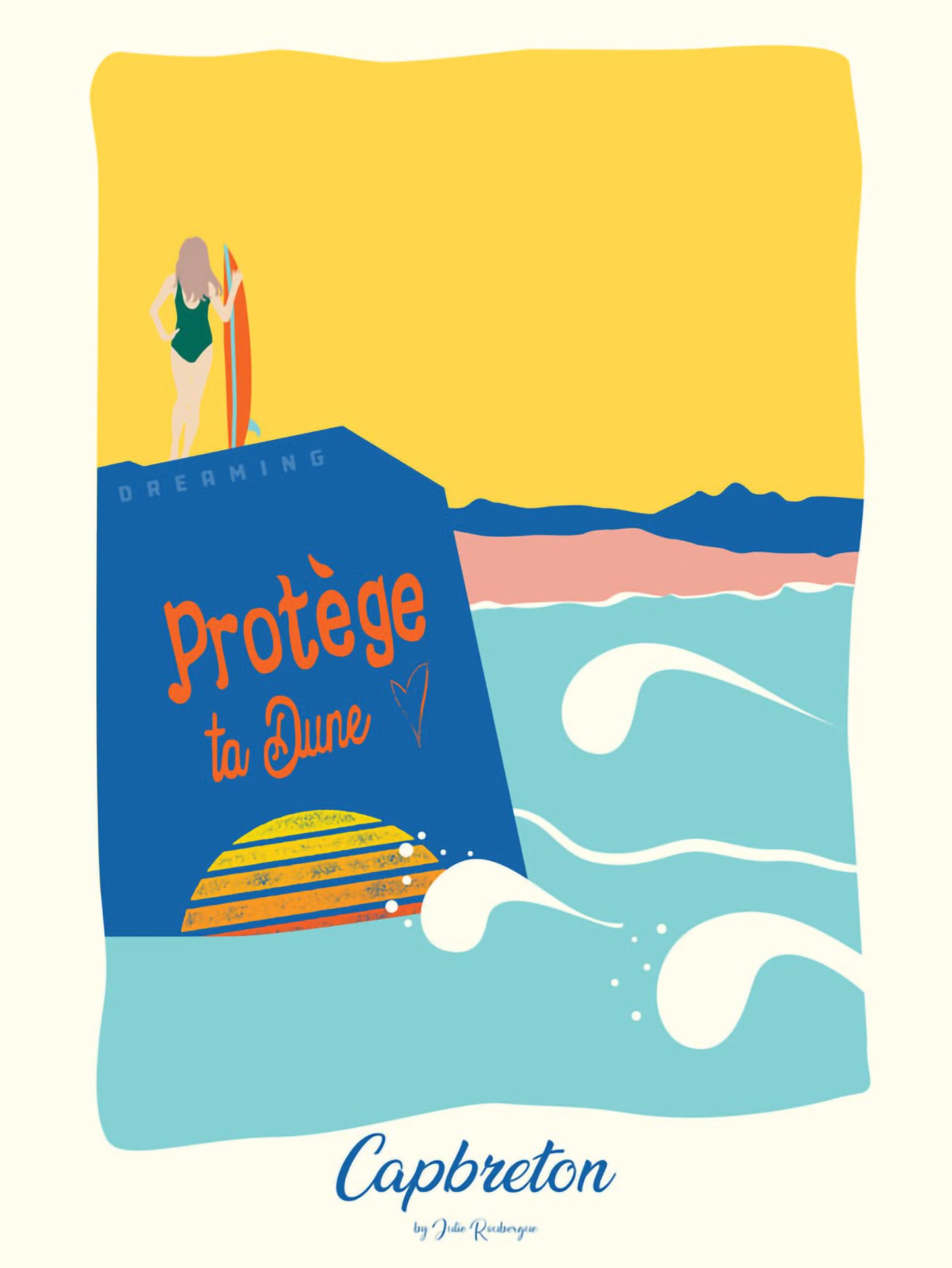 Carte postale illustrée intitulée “Capbreton, Le Spot” par Julie Roubergue, représentant un des fameux spot de surf de Capbreton , la plage de Santocha dans des tons vifs.