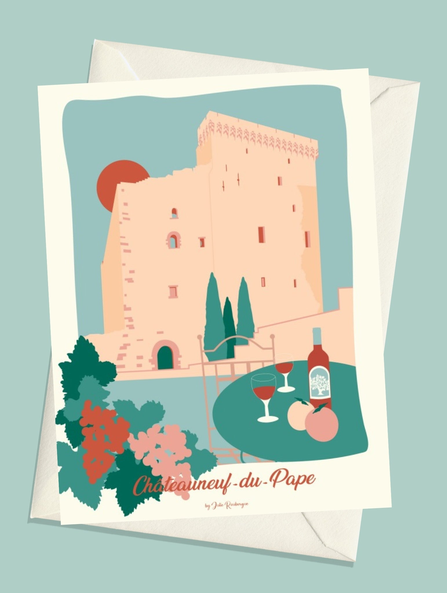 Carte postale illustrée intitulée “Chateauneuf-du-Pape, Le Château” par Julie Roubergue, représentant une evocation de cette région viticole dans les tons pastel.