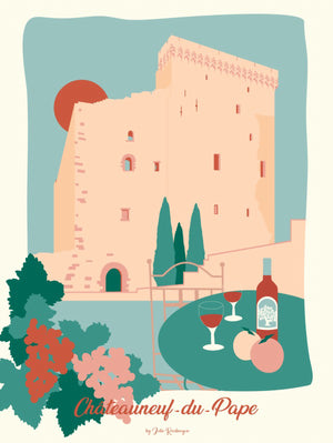 Carte postale illustrée intitulée “Chateauneuf-du-Pape, Le Château” par Julie Roubergue, représentant une evocation de cette région viticole dans les tons pastel.