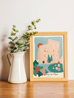 Carte postale illustrée intitulée “Chateauneuf-du-Pape, Le Château” par Julie Roubergue, représentant une evocation de cette région viticole dans les tons pastel.