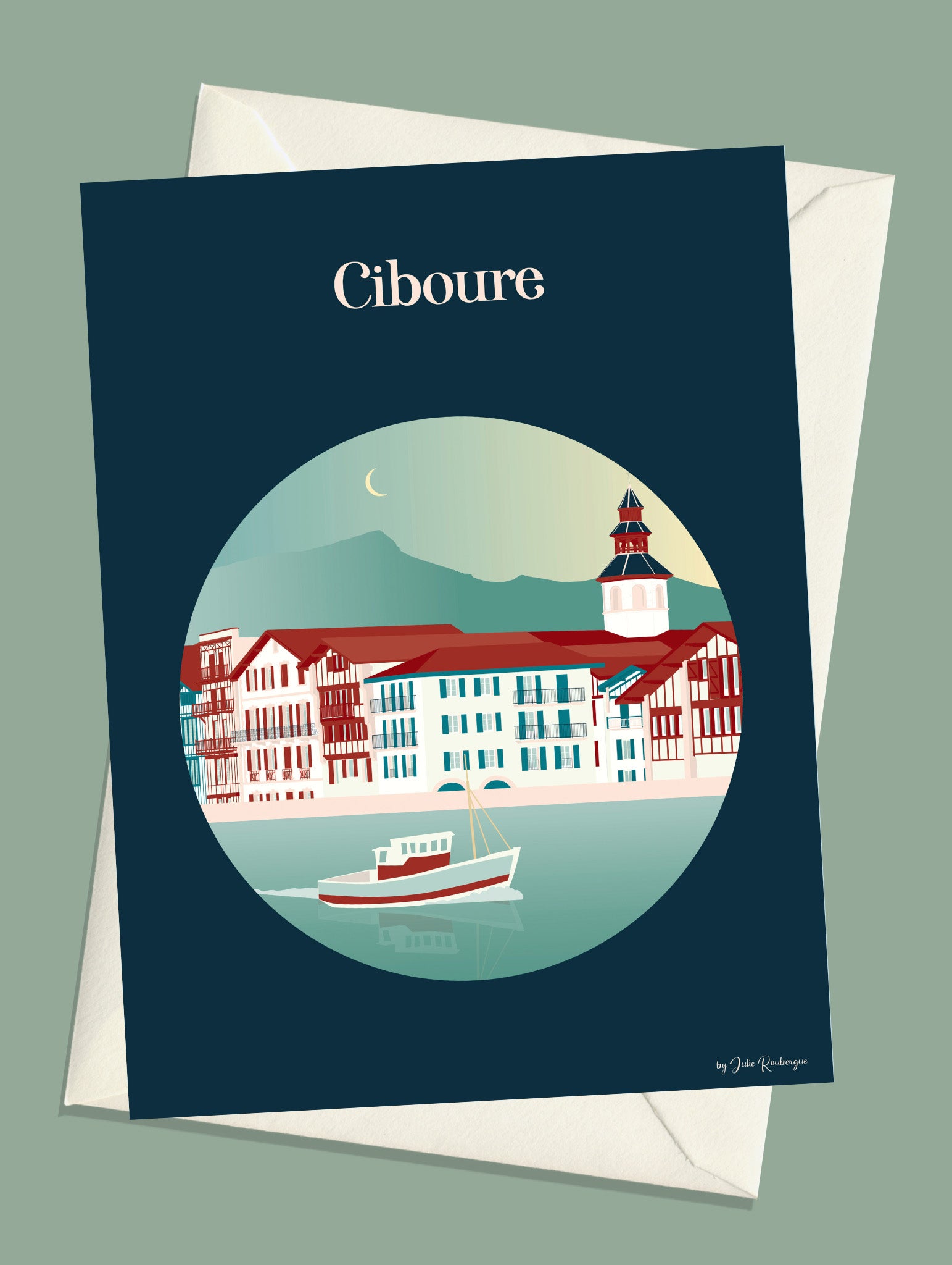Carte postale illustrée intitulée “Ciboure” par Julie Roubergue, représentant le charmant petit port du Pays Basque dans des tons doux.