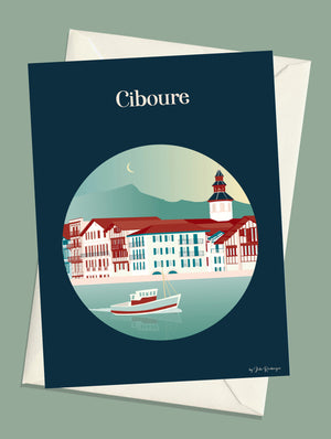Carte postale illustrée intitulée “Ciboure” par Julie Roubergue, représentant le charmant petit port du Pays Basque dans des tons doux.