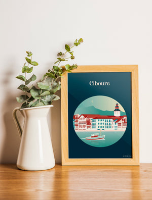 Carte postale illustrée intitulée “Ciboure” par Julie Roubergue, représentant le charmant petit port du Pays Basque dans des tons doux.
