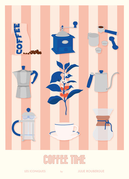 Carte postales illustrées intitulées “Coffee Time, Les Iconiques” par Julie Roubergue, représentant des objets liés au café, avec un fond à rayures roses.