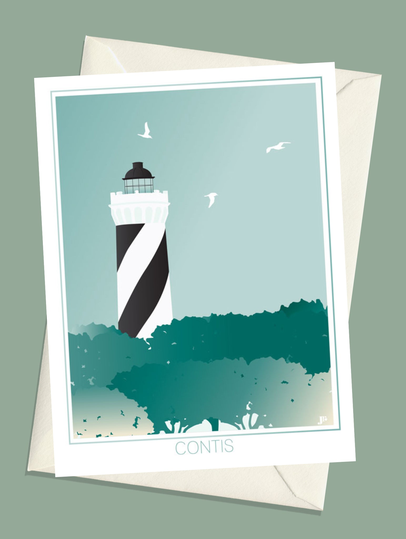 Carte postale illustrée intitulée “Contis, Le Phare” par Julie Roubergue, représentant le fameux phare emblématique des Landes dans des tons verts.