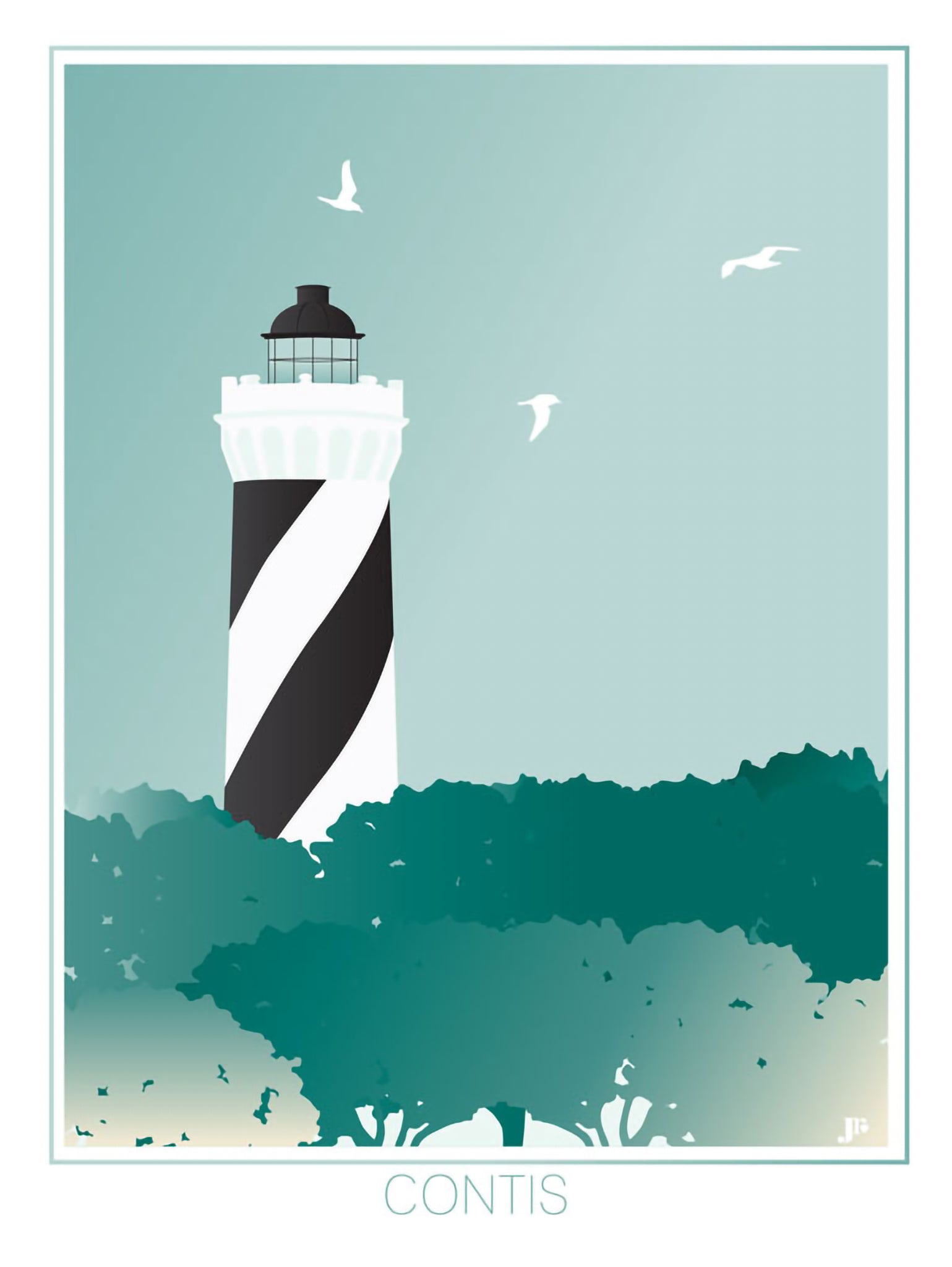 Carte postale illustrée intitulée “Contis, Le Phare” par Julie Roubergue, représentant le fameux phare emblématique des Landes dans des tons verts.