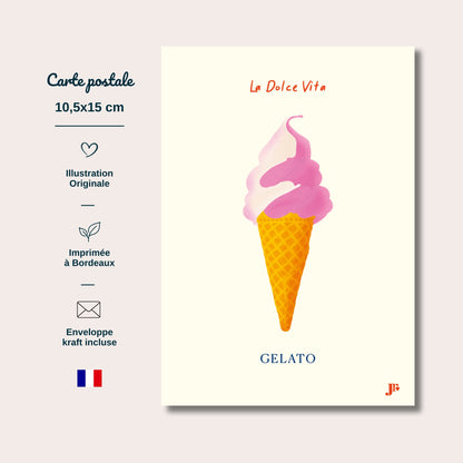 Carte postale Dolce Vita, Gelato  avec informations format 10,5x15 cm papier épais impression de qualité